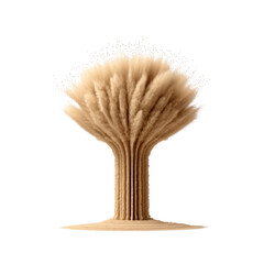 Sand explosion resembling tree, isolated on transparency background, with dynamic motion and fine dust particles spreading outward, creating dramatic and energetic visual effect