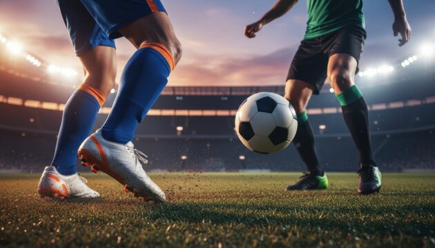 Soccer player's foot in a white cleat powerfully kicking a football on a professional stadium pitch during a dramatic evening match under bright lights