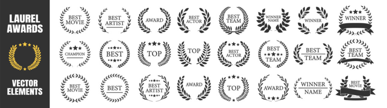 Award winner wreath collection, best champion labels with laurels, classic cinema and film emblem design set with stars and branches illustration on transparent background