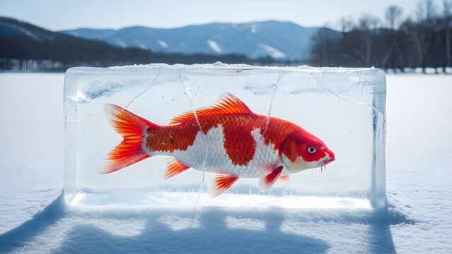 A vibrant orange and white koi fish is frozen and preserved inside a clear rectangular block of ice on a snowy landscape.