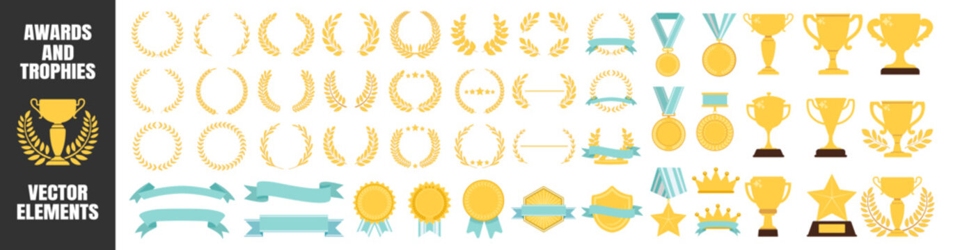 Award trophies, medals, laurel wreaths, crowns, stars, prize ribbons and achievement symbols, premium golden celebration elements, victory and winner icons on transparent background