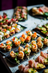 Elegant platters of colorful appetizers offer a delightful array of flavors and textures