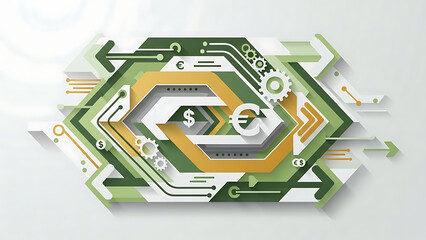 Abstract hexagon technology design with circuits arrows and gears on white