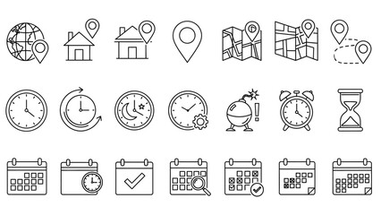 A comprehensive vector line icon set for time management, scheduling, and location tracking, featuring clocks, calendars, and map symbols