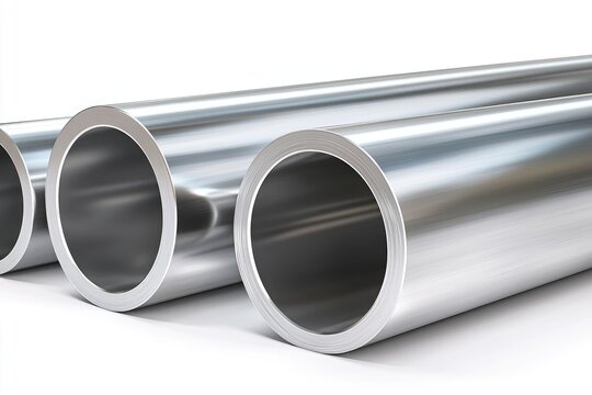 Three gleaming steel pipes against a white background, highlighting their metallic texture, are used in industrial product design