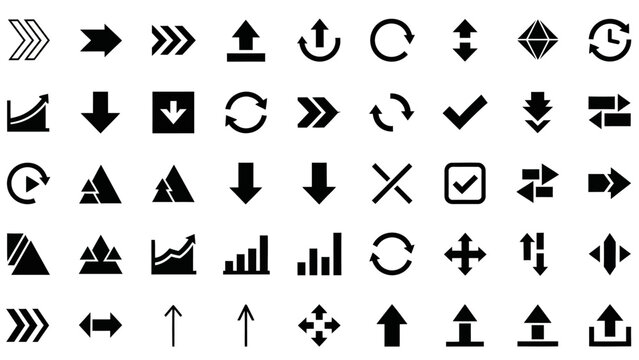 Versatile collection of essential vector icons for modern digital design and development projects, featuring universal user interface elements such as arrows, navigation, charts, and status indicators
