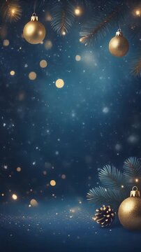 Golden christmas ornaments and pine branches on a dark blue background. Perfect for holidaythemed designs, greeting cards, or festive promotions.