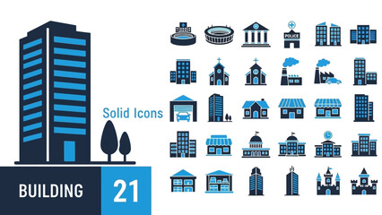Vector collection of solid style building icons, featuring diverse architectural structures, urban properties, and public institutions for graphic and web design