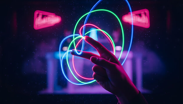 A human hand interacts with vibrant blue, green, and pink light trails in a dark, futuristic setting.