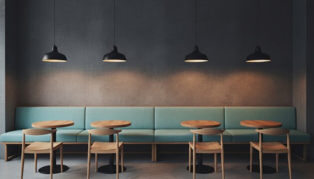 Minimalist restaurant dining area with wooden furniture, a long blue sofa, and black pendant lamps illuminating a textured grey concrete wall