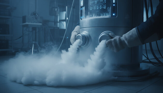 Scientist in protective gloves manipulates a cryogenic device, releasing vapor in a laboratory setting.