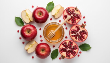 Red apples fresh pomegranates and golden honey with a dipper arranged in a circle with green leaves, shot from a top-down perspective on a white background