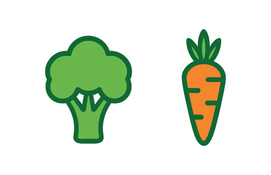 2 minimal icons broccoli colored green carrot colored orange