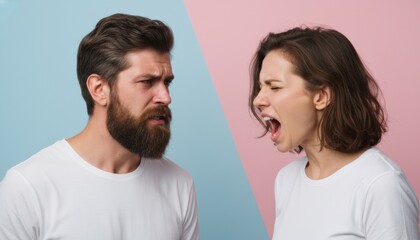 Angry woman shouting at a confused man during a relationship conflict, facing each other on a split pink and blue background symbolizing disagreement