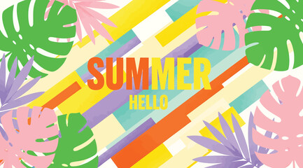 Vibrant summer greeting card design featuring colorful diagonal stripes and tropical monstera leaves in shades of green, pink, and purple, perfect for seasonal promotion or background