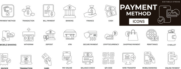 payment methods line, icon set, featuring card payment, mobile, wealth, payment, accounting, money, invoice, code, and online checkout symbols. perfect for fintech and e-commerce design