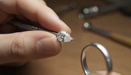 Pear-shaped brilliant cut diamond held carefully in tweezers by a jeweler is being set into a precious metal engagement ring in a workshop with a blurred background