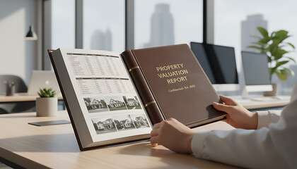 Fototapeta premium A person holding open a property valuation report, showcasing detailed information and images.