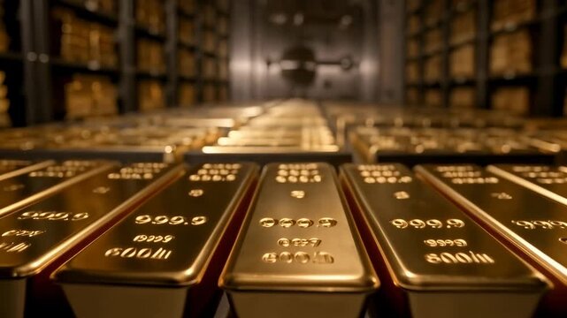 Bank vault gold bullion bar reserve for economy finance wealth ingot. 