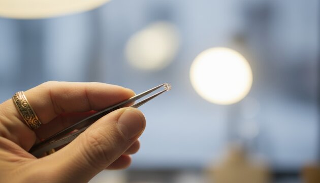Tiny brilliant-cut diamond held in tweezers by a gemologist's hand for inspection, showing precision and luxury in a jewelry workshop with bokeh lights