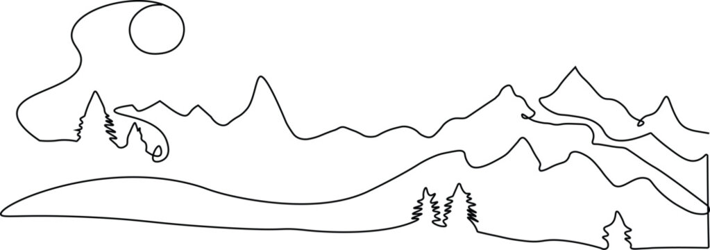Minimalist line art drawing of natural landscape specifically a blend of mountain range and a large wave. Continuous one line drawing of natural landscape including range of mountain, trees and wave. 