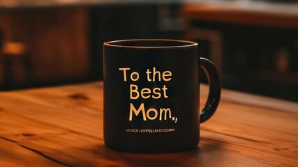 A black mug with "To the Best Mom" sits on a wooden table. This warm image conveys love and appreciation for mothers.