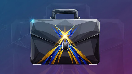 Futuristic black briefcase with geometric design and glowing accents on dark background