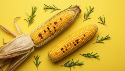 Two delicious grilled corn on the cob with fresh rosemary sprigs are arranged neatly on a vibrant yellow background, creating a summery and appetizing food composition