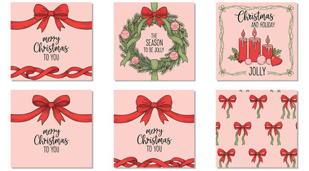 Set of six square Christmas illustrations with pink backgrounds featuring red bows, wreaths, candles, and festive messages like &ldquo;Merry Christmas to you&rdquo; and &ldquo;Be Merry and Bright&rdquo;&mdash;perfect for holiday c