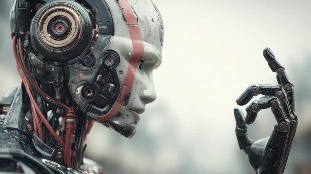 Advanced robot in a futuristic city contemplating its existence and purpose during a cloudy sunset
