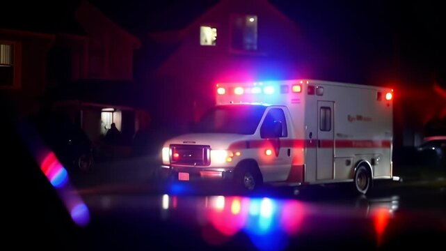 Ambulance vehicle emergency medical rescue at a house at night with 911 urgency.