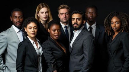 A group of diverse individuals dressed in business attire posing together for a formal portrait. - Powered by Adobe