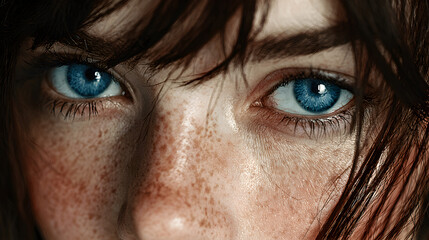 Close-up portrait of a young woman with striking blue eyes and freckles, showcasing natural beauty and emotion, with soft lighting enhancing facial features and expression