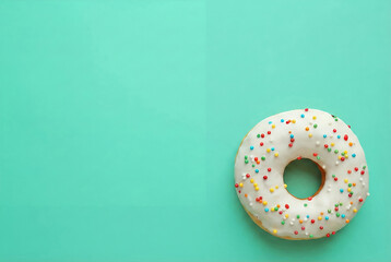 A single white glazed donut with colorful sprinkles positioned in the bottom right corner of a teal blue background, leaving ample empty space on the left