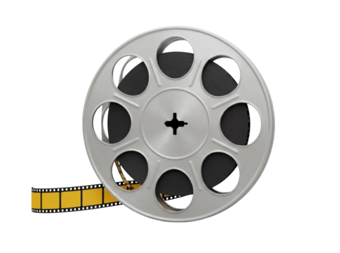 Film reel with yellow film strip PNG isolated on transparent background, vintage movie roll for cinema and entertainment projects