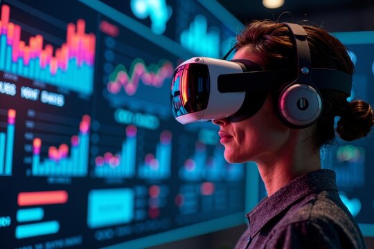 Immersive Virtual Reality Headset Showcasing Vibrant Business Dashboard Technology