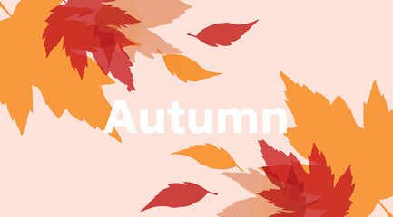 Minimalist vector illustration featuring stylized autumn maple leaves in warm shades of red and orange falling against a light pink background with the word autumn centered in white text