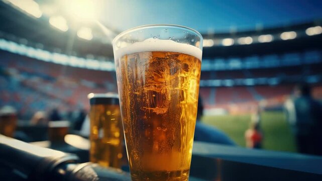 A glass of beer with foam on top is held by a hand and set against the backdrop of an outdoor stadium. The captures a moment of relaxation during a sporting event.