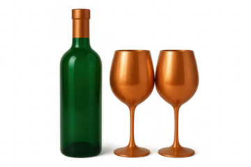 Green bottle and two copper wine glasses celebrating