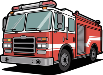 Illustration of a red and white fire truck with lights on top, poised for emergency calls.