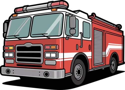 Illustration of a red and white fire truck with lights on top, poised for emergency calls.