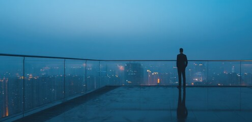 Businessman overlooks misty blue city lights from wet rooftop balcony at dusk.