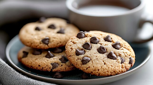 Close-up of chocolate chip cookies on a plate with a cup of coffee. The cookies are freshly baked and have chocolate chips. The scene is set indoors.