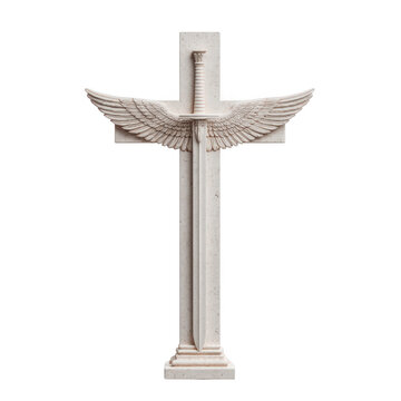 Winged sword cross stone sculpture religious symbol isolated on transparency background detailed carving spiritual Christian art elegant serene decorative faith hope peace