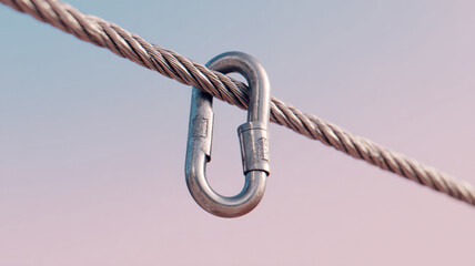 A metal carabiner clip attached to a steel cable. This image shows the strength and security of a connection