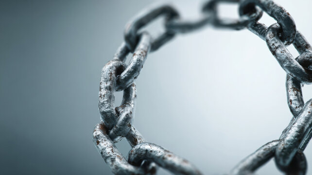 Close-up shot of a rustic metal chain, linking and forming a ring, suggesting strength and unity. The chain links are detailed and weathered against a blurred background - Powered by Adobe