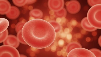 Red blood cells flowing through a vein or artery in a detailed microscopic view, a scientific 3D illustration showing erythrocytes with a shallow depth of field and bokeh