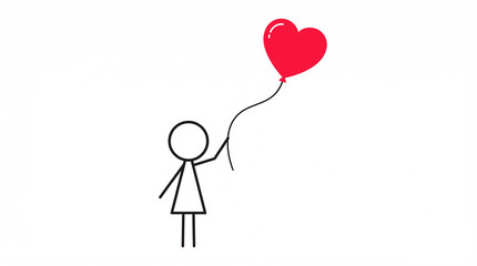 Romantic drawing of a kid with red heart-shaped balloon