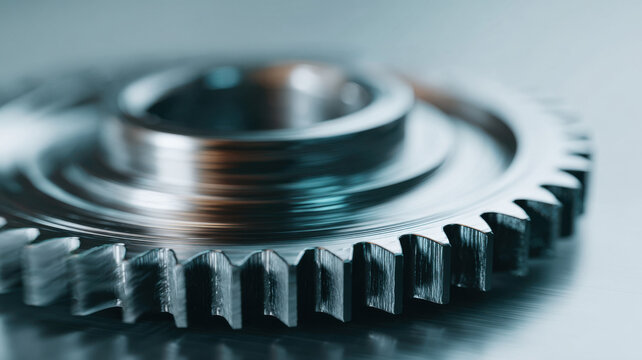Close up of a metallic gear, showcasing intricate details and design. The focus is sharp, highlighting the mechanical precision