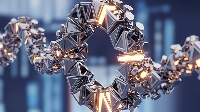 Abstract metal chain link with glowing connections digital network concept